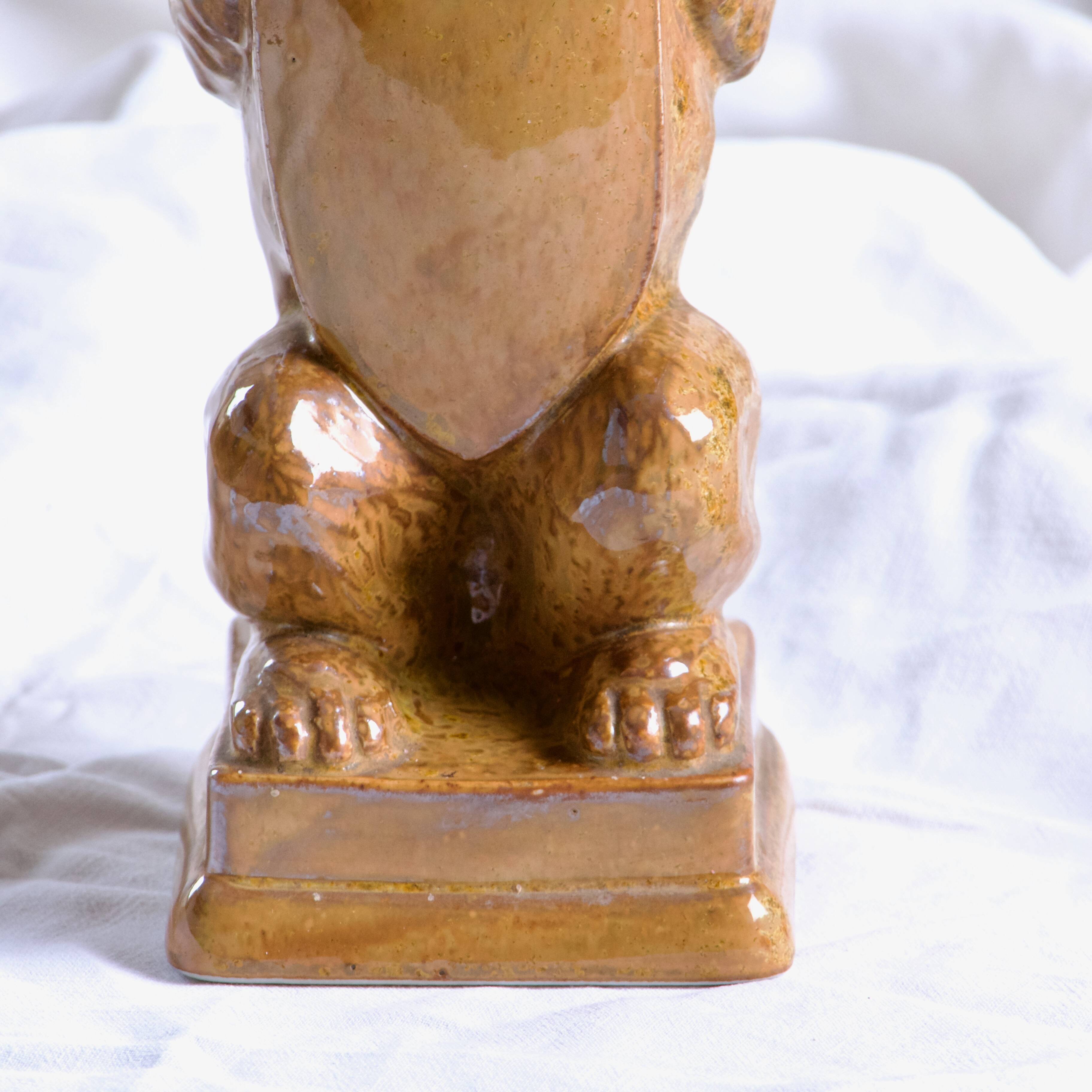 Vase - Antique zoomorphic lion bottle in enamelled stoneware signed Gps