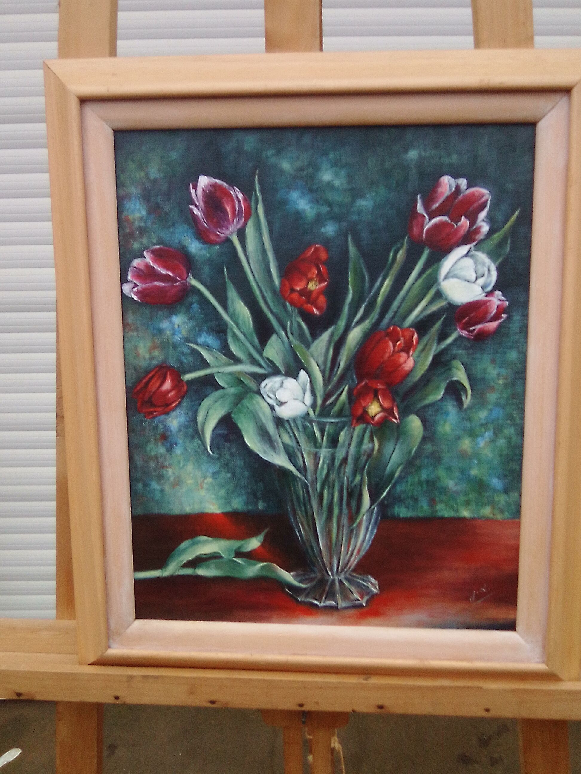 Oil on cardboard coated bouquet of tulips signed