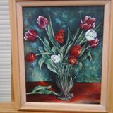 Oil on cardboard coated bouquet of tulips signed