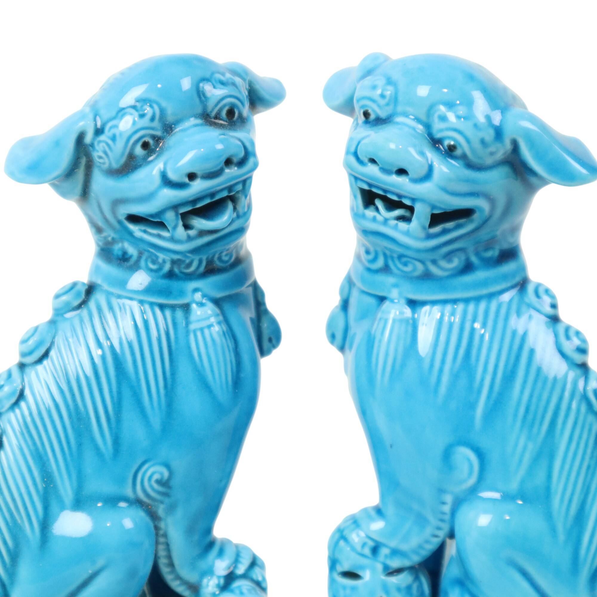 Pair of Blue Glazed Foo Dog Temple Lion Figurines 16cm