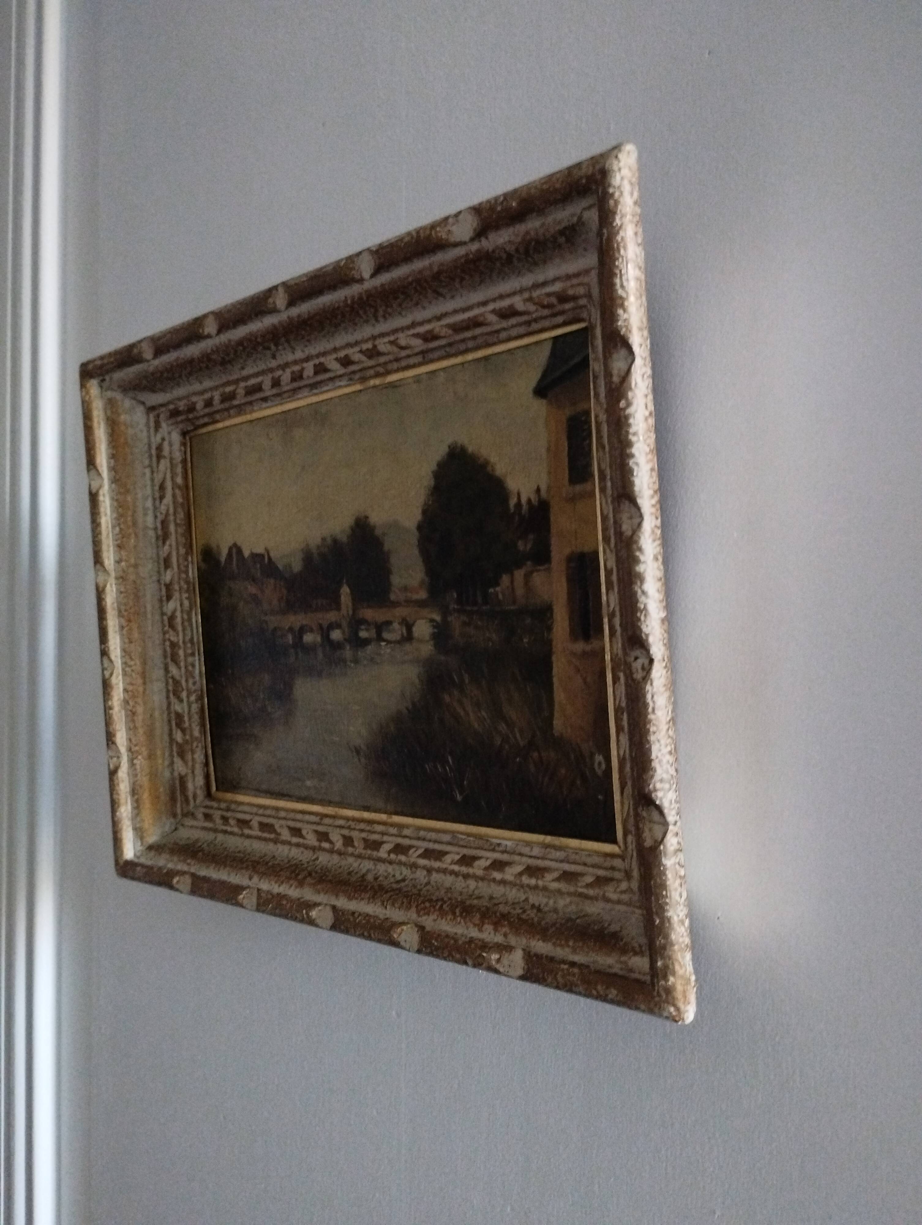 Landscape painting, old oil on cardboard framed signed GILLET.