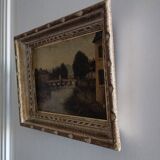 Landscape painting, old oil on cardboard framed signed GILLET.