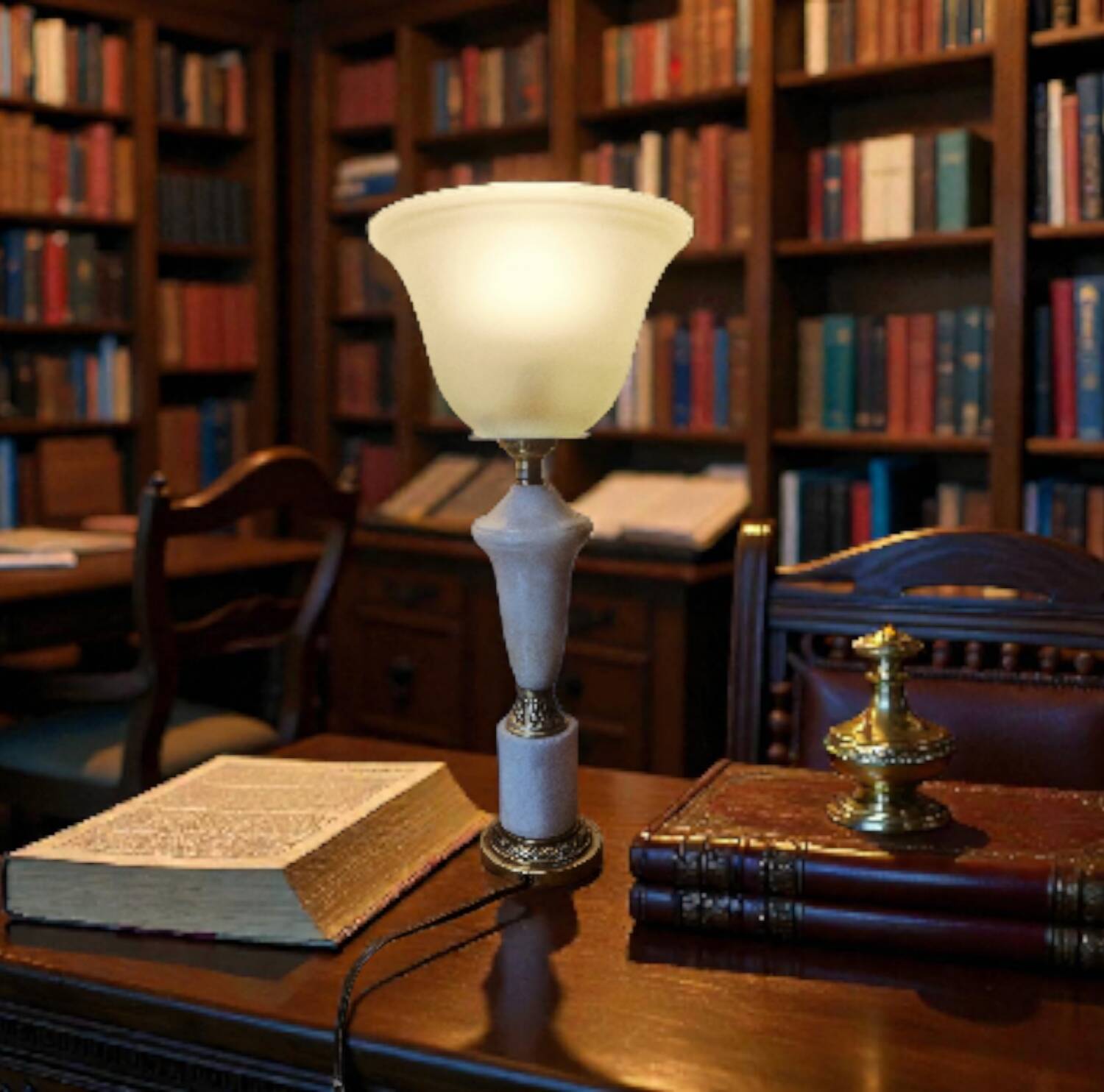 Neo-Empire style table lamp in alabaster and brass - V-shaped tulip shade