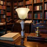 Neo-Empire style table lamp in alabaster and brass - V-shaped tulip shade