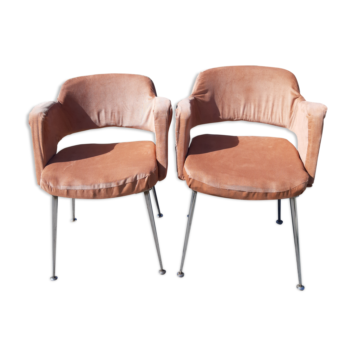 Pair of vintage armchairs of the 70s chrome and salmon fabrics