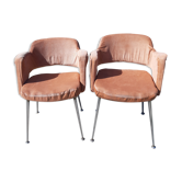 Paire de fauteuils vintage des années 70 chrome et tissus saumon