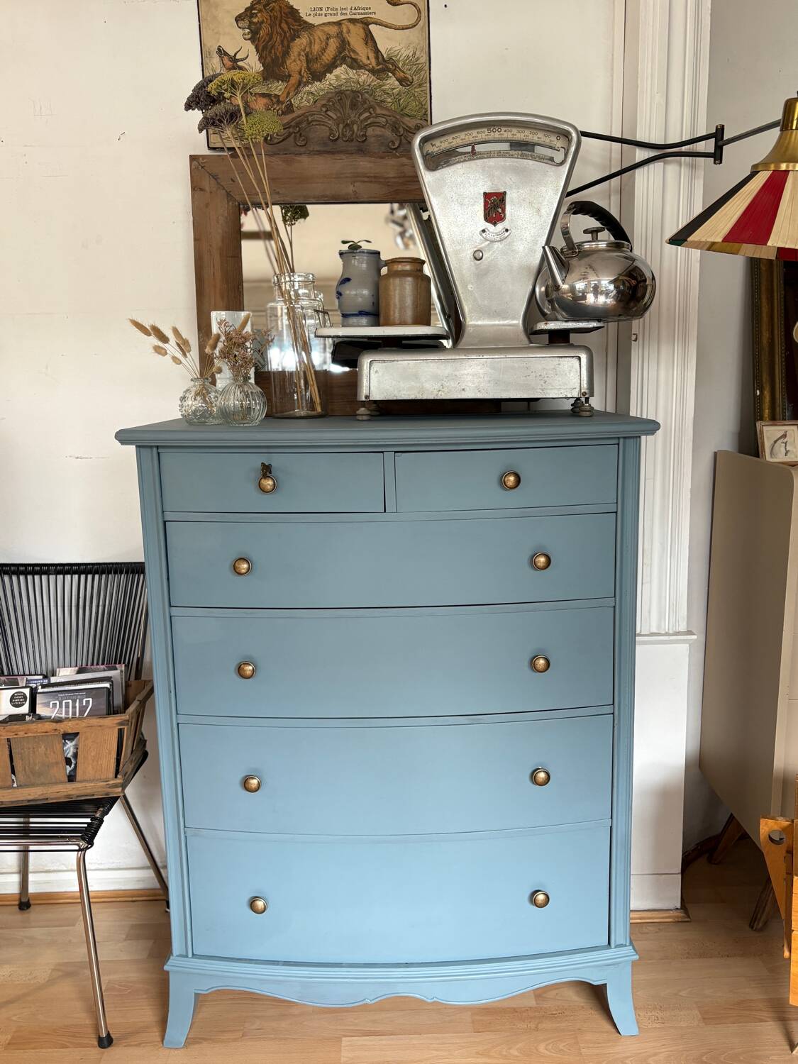Antique blue zinc-coated chest of drawers