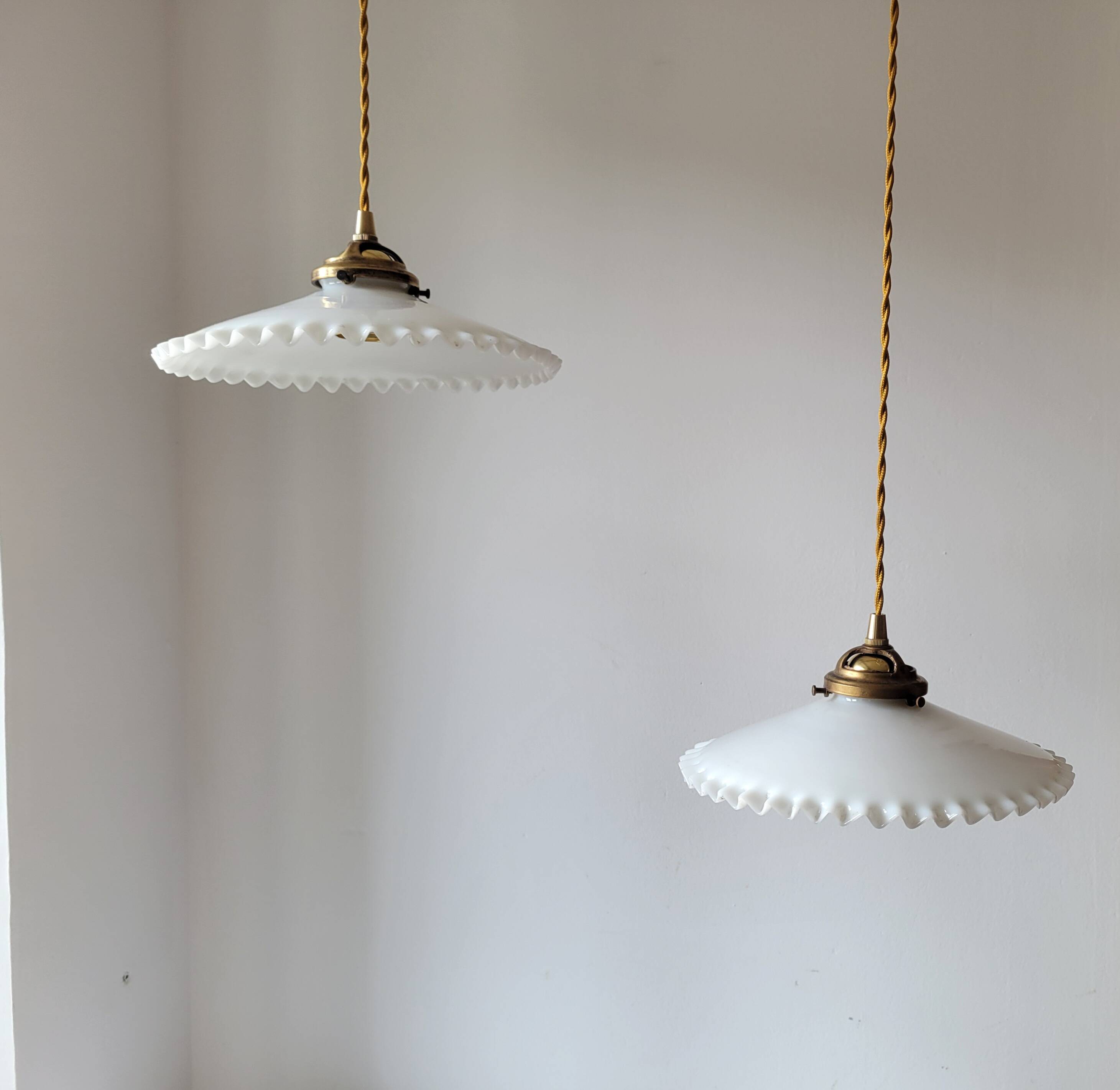 Duo of white opaline pendant lights