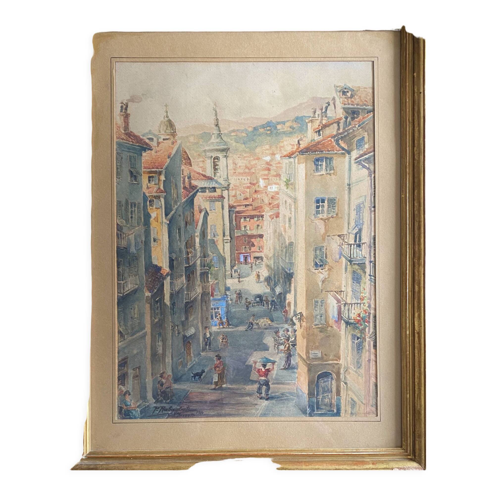 Watercolor painting p. rabagliati rue rossetti old nice 1950 + frame