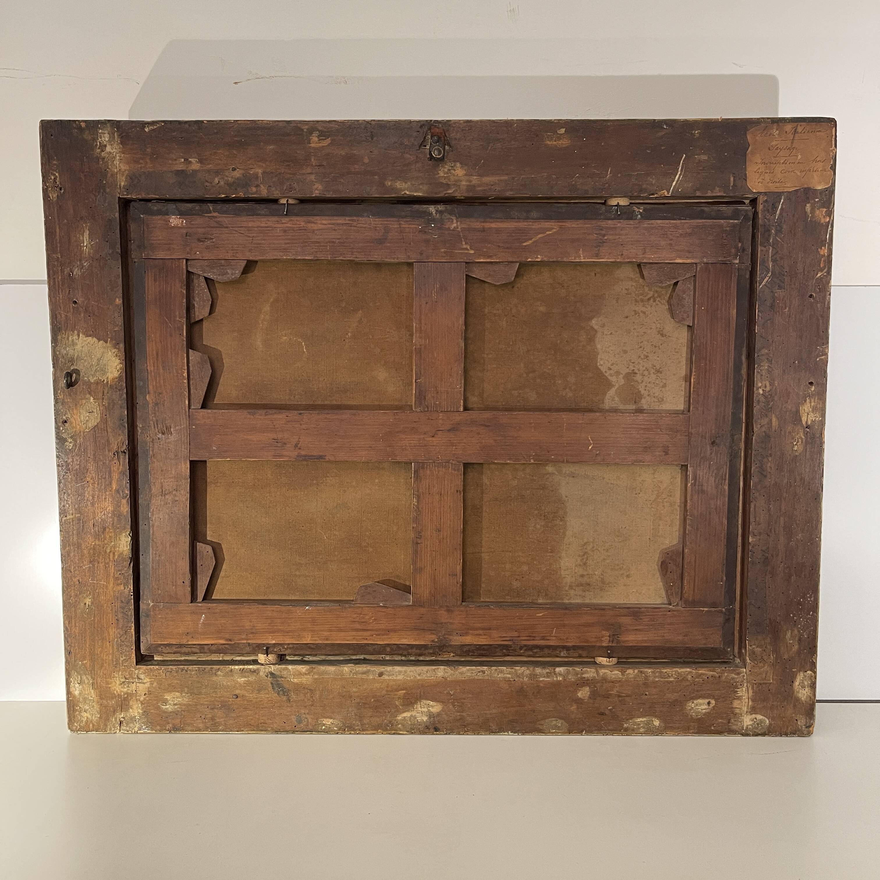 Italian School "Lake landscape, forest animated by figures" oil painting