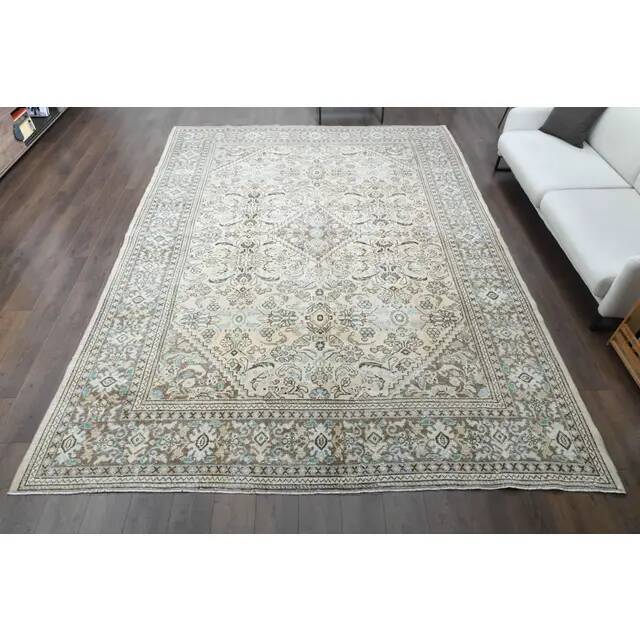 1970s Vintage Persian Handmade Wool Cotton Beige Area Rug 291x387