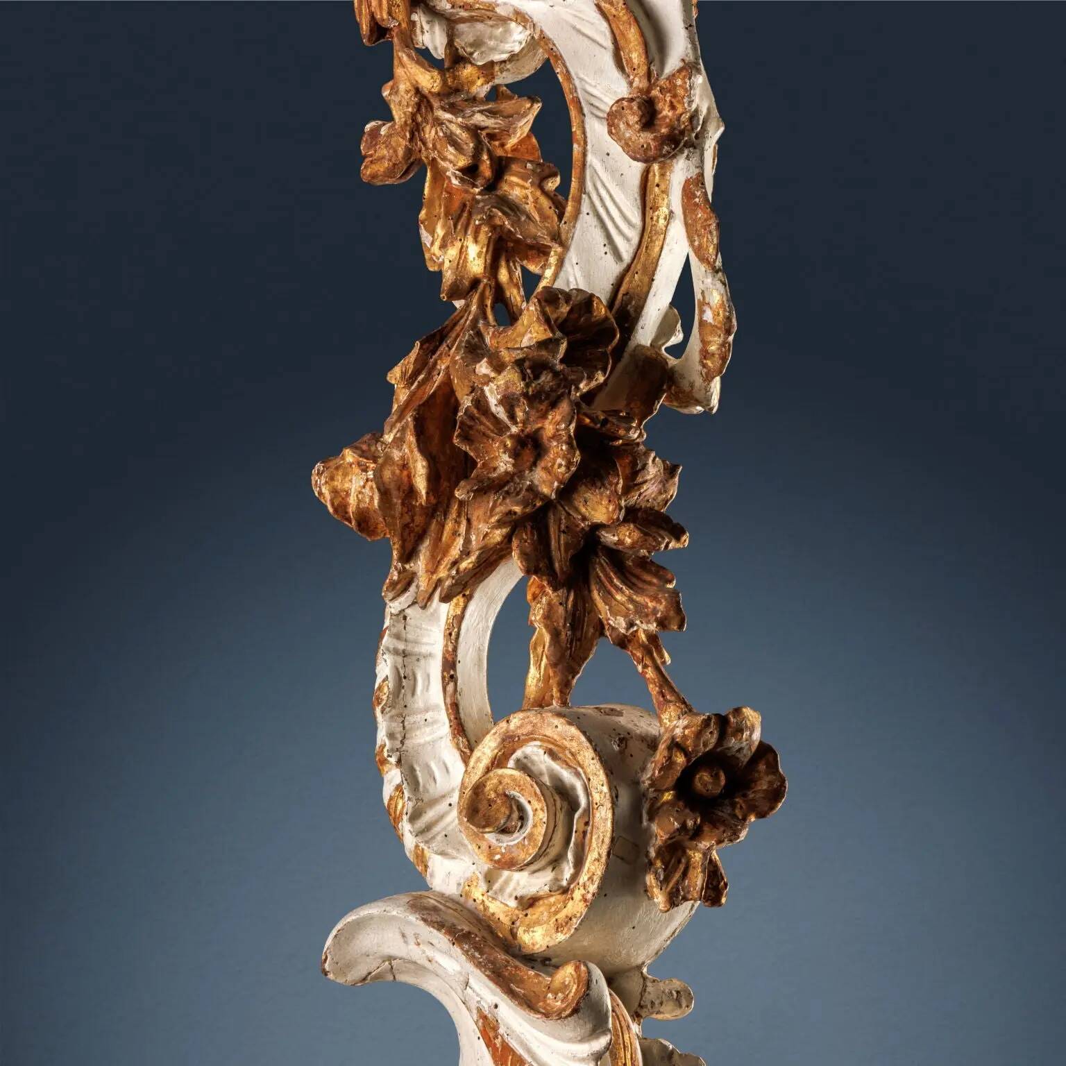 Pair of antique baroque wooden candlesticks, Italy, circa 1750.