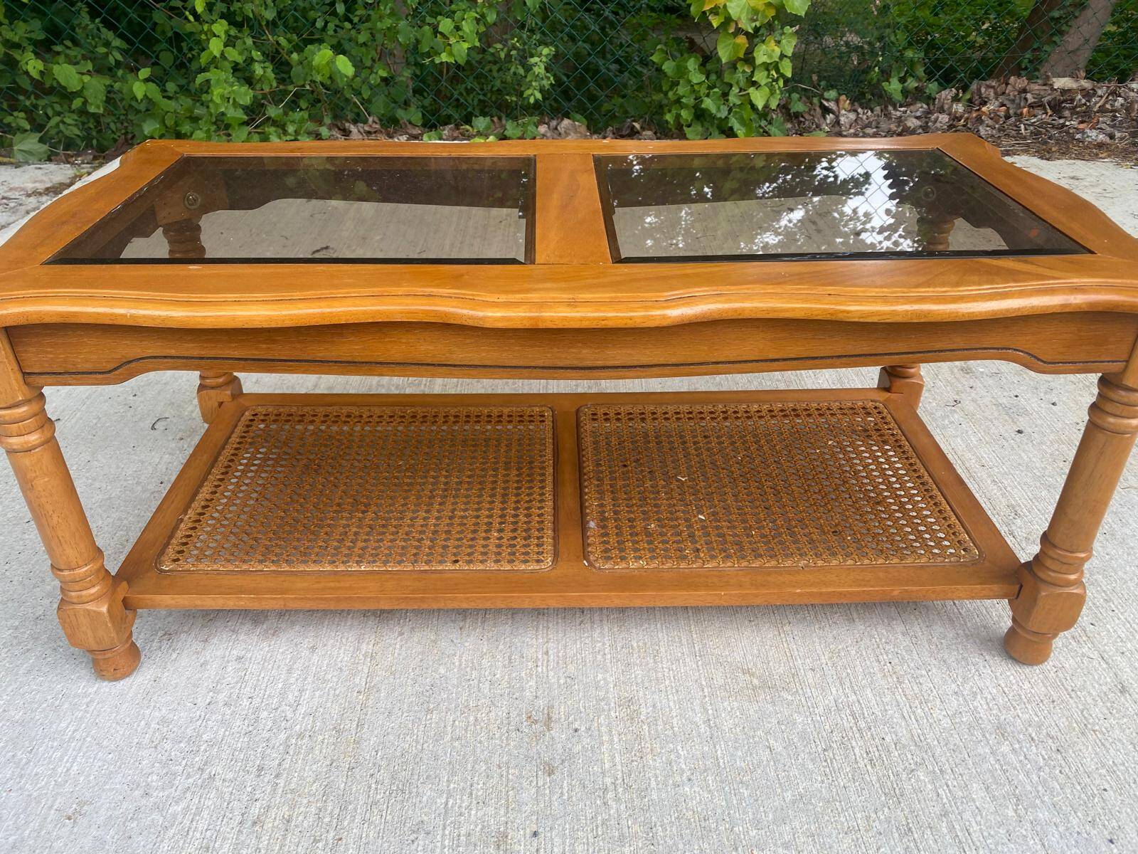 Vintage solid wood coffee table with glass and cane 100x50cm