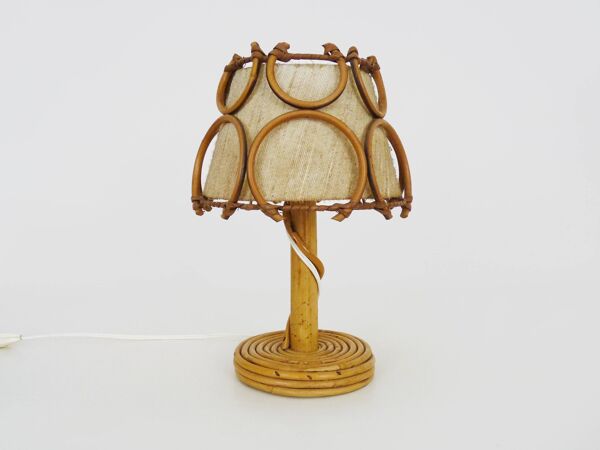 Lampe de chevet, lampe de table en rotin, bambou Louis Sognot. Années 50