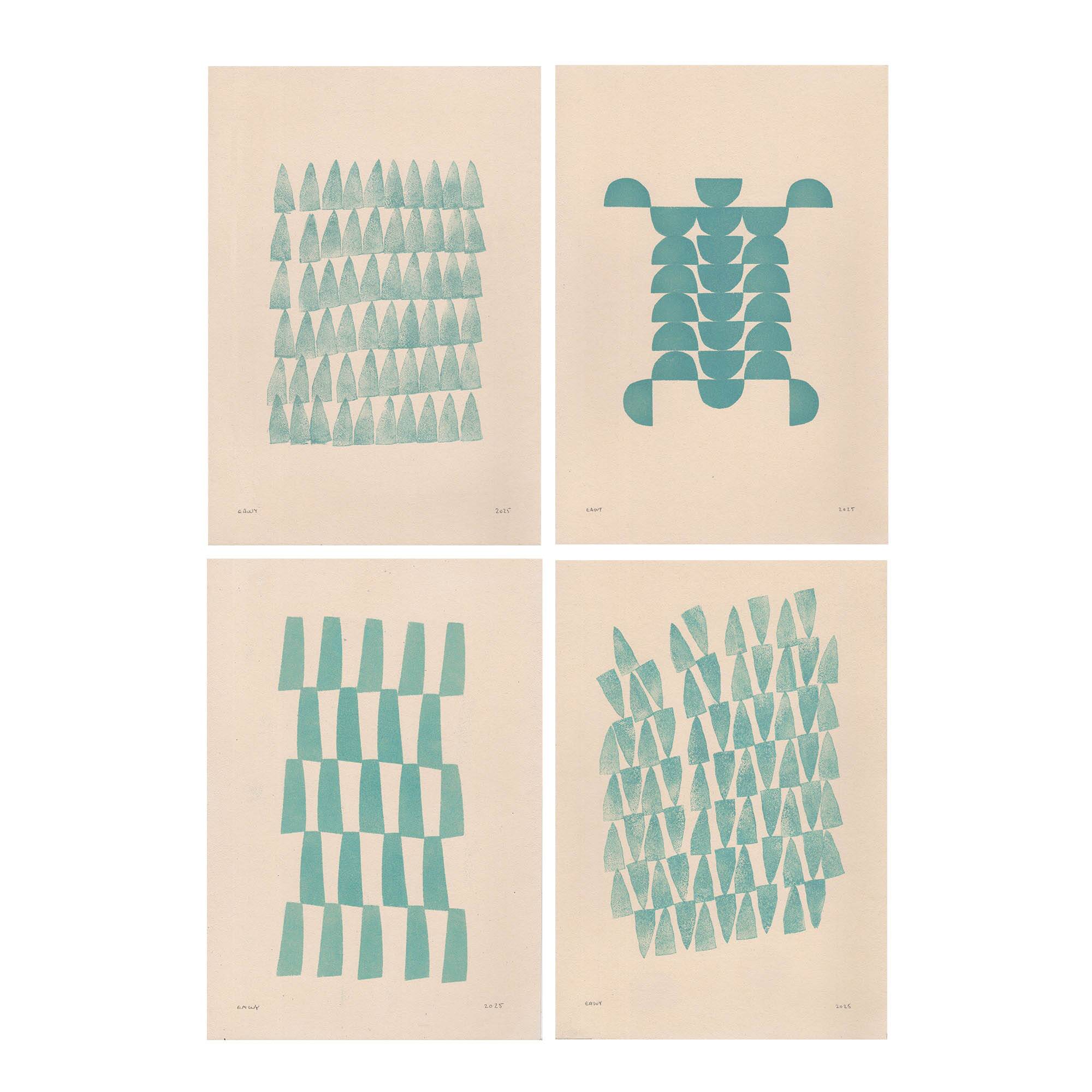 Collection of 4 abstract oil blue paintings by Eawy