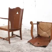 Pair of brutalist oak lounge chairs with rush seats – Netherlands