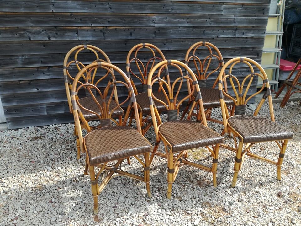 Set of 6 terrace chairs "bistro" in natural rattan.