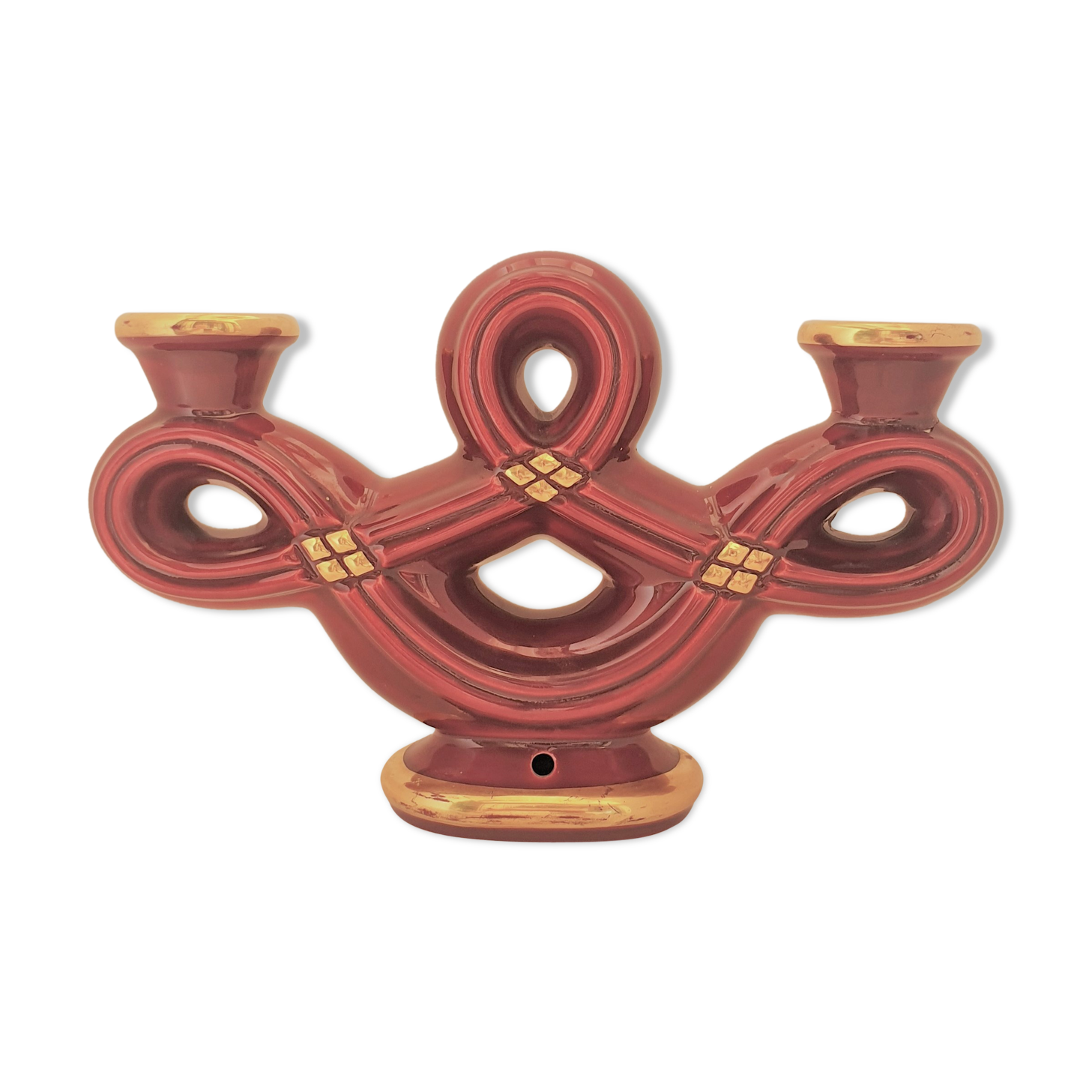 Double art deco lamp foot in bordeaux and gold ceramics