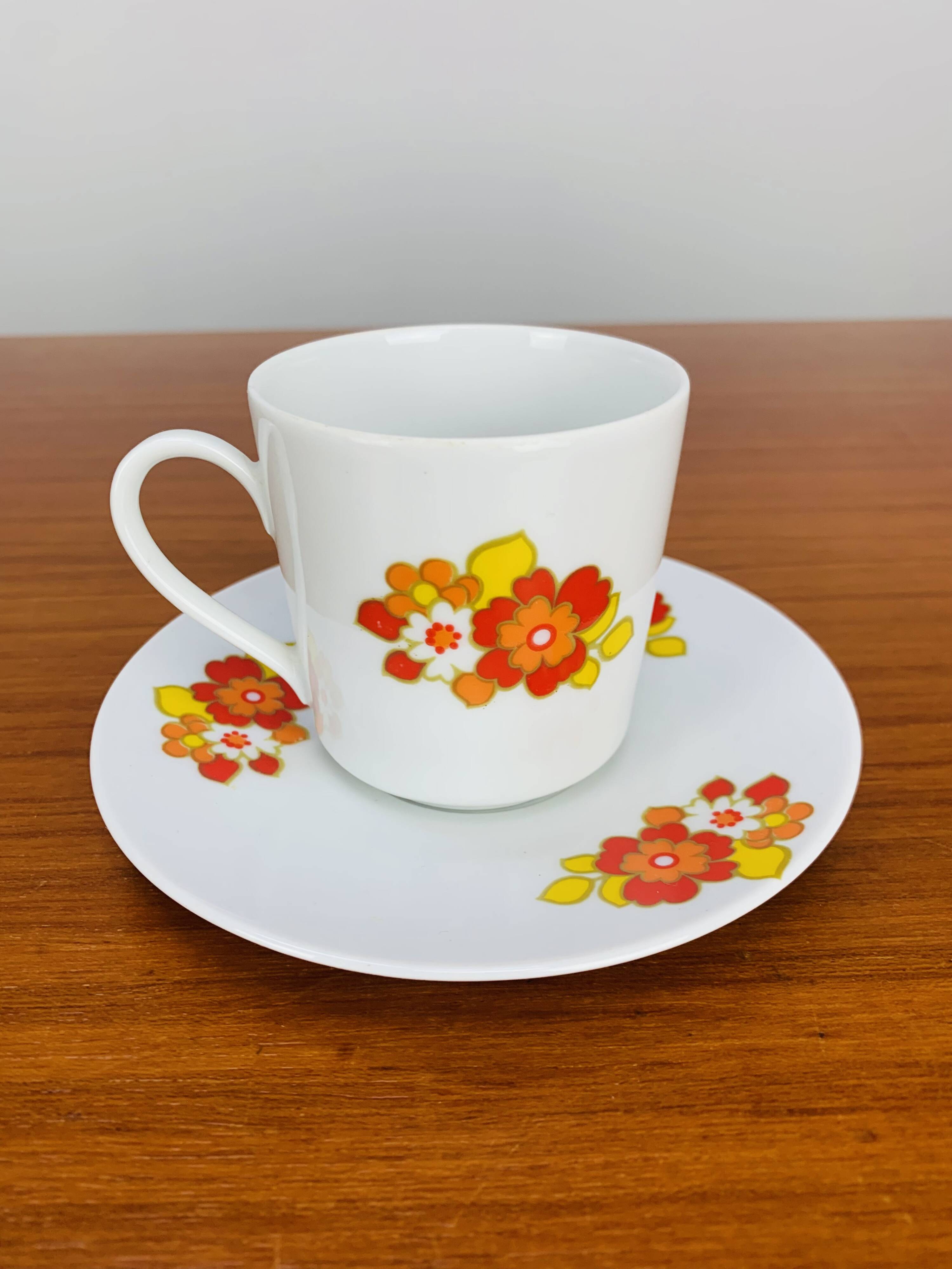Tea and dessert set of 6 cups, German porcelain, flowers, 70s