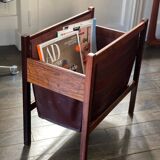 Scandinavian magazine rack/vinyl rack in Rio rosewood and leather by Torbjørn Afdal
