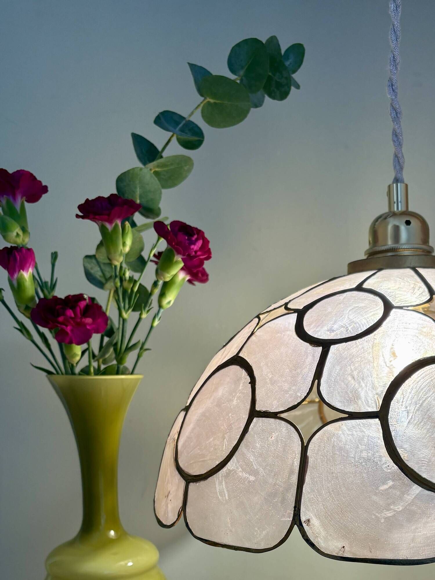 Vintage mother-of-pearl and brass lampshade pendant light