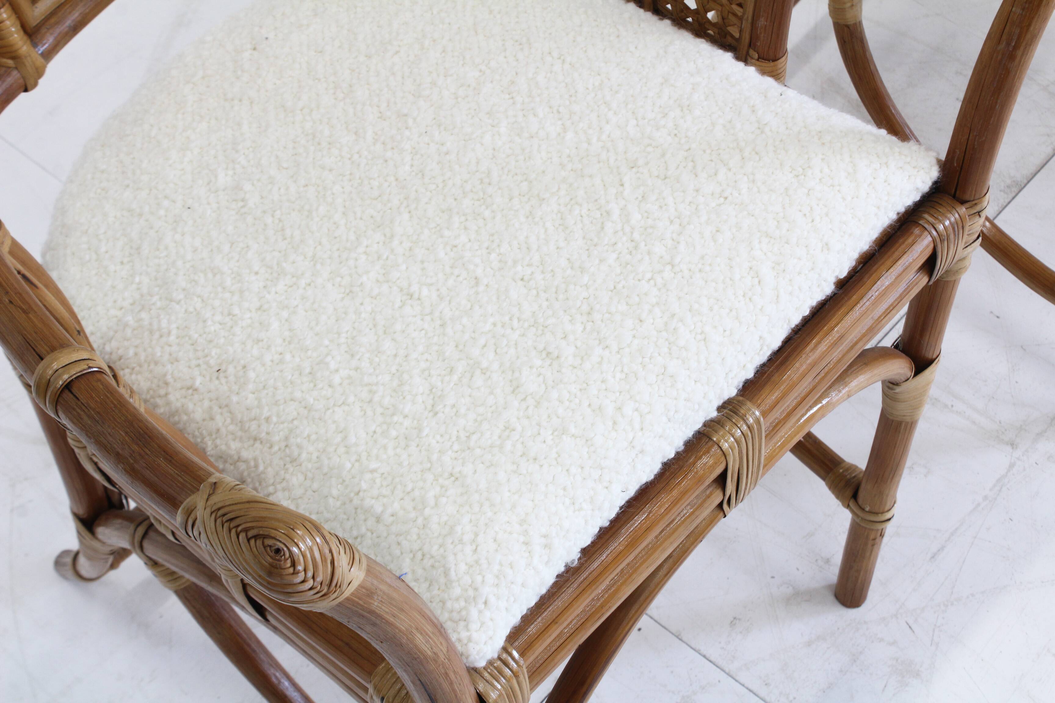 Vintage Bamboo and Rattan Armchairs with Bouclé Cushions, 1970s , set of 2