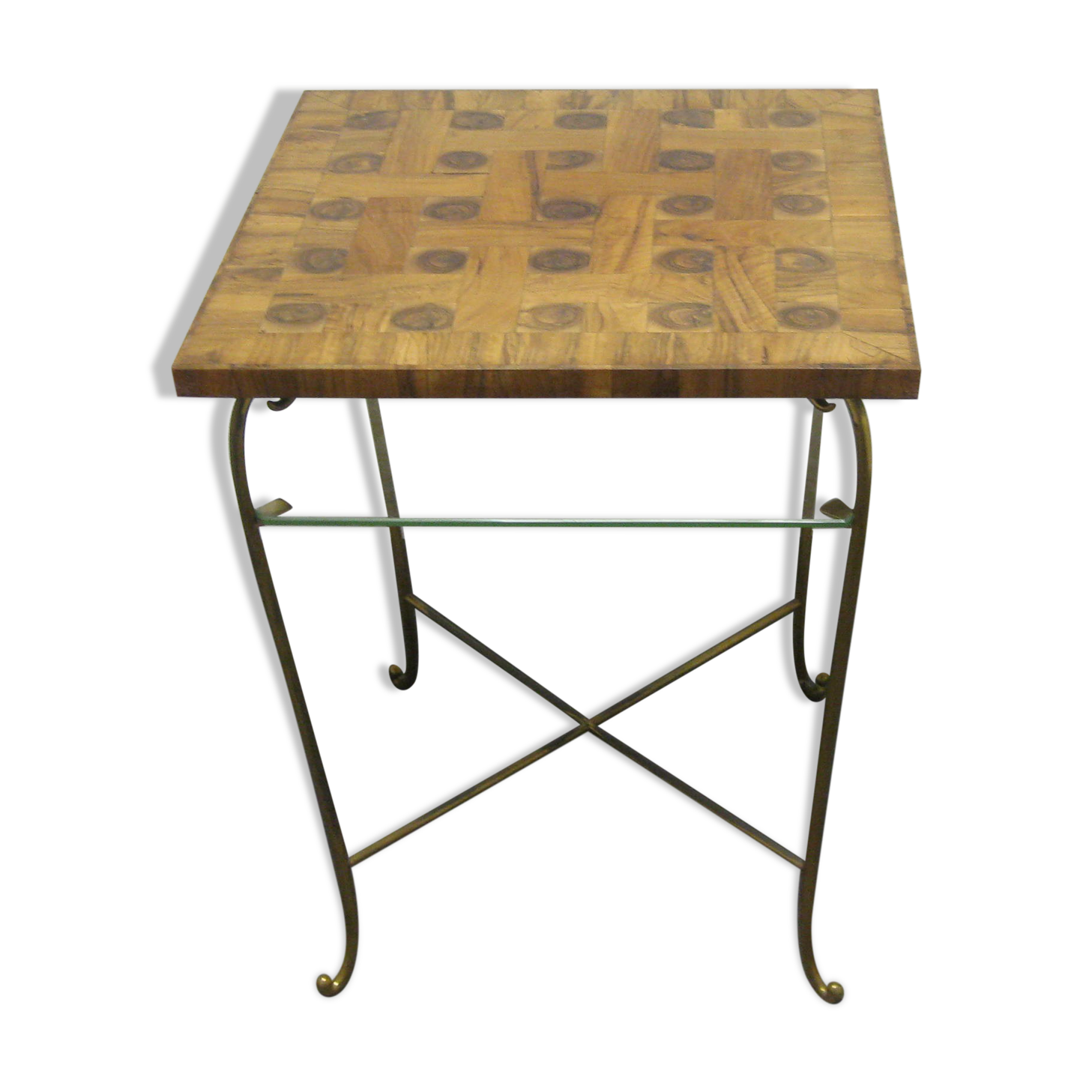 1950s table with wooden top and floor under glass, height 65cm - 50x50cm