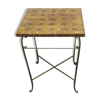 1950s table with wooden top and floor under glass, height 65cm - 50x50cm