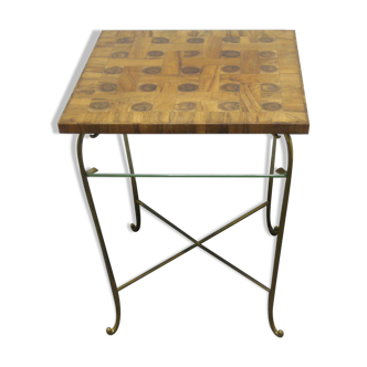 Table années 1950 avec plateau en bois et étage en dessous en verre, hauteur 65cm - 50x50cm