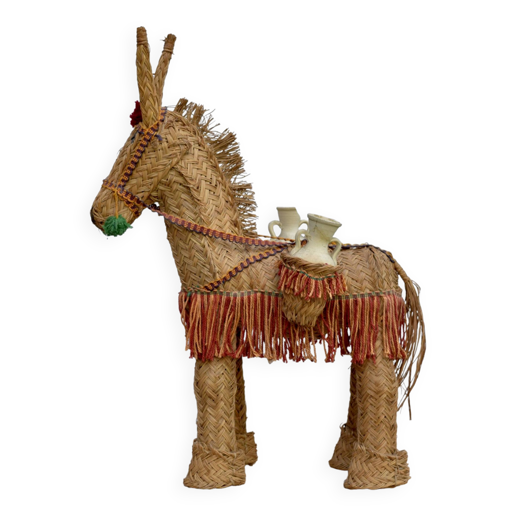Spanish decorative donkey in raffia carrying two jars - 62 cm high - 1950