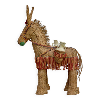 Spanish decorative donkey in raffia carrying two jars - 62 cm high - 1950