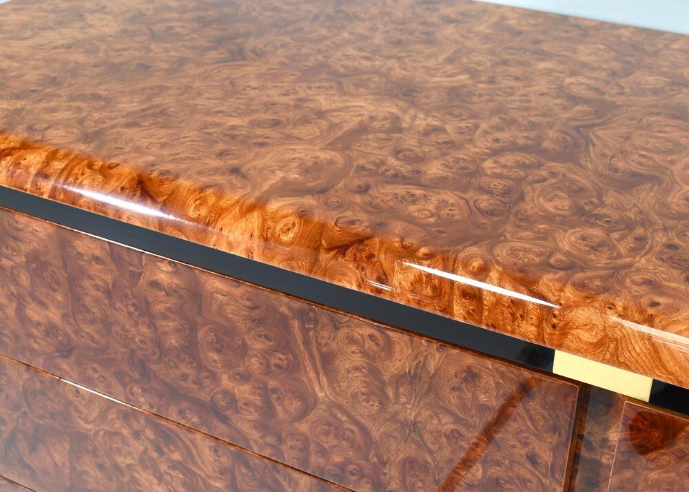 Italian drawer credenza in high gloss burl and brass, Italy, 1970s