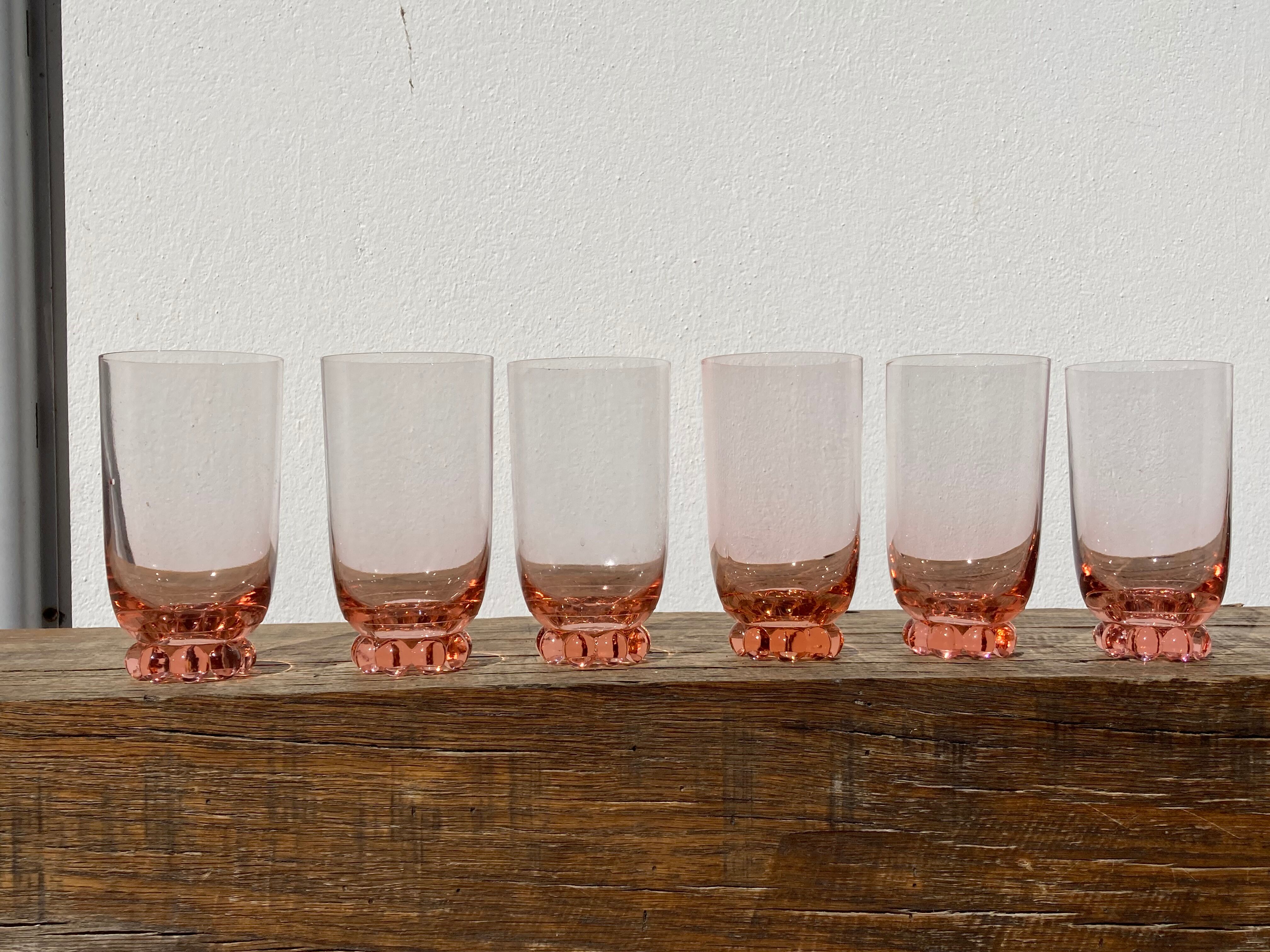 6 old pink crystal water glasses with balls