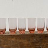 6 old pink crystal water glasses with balls