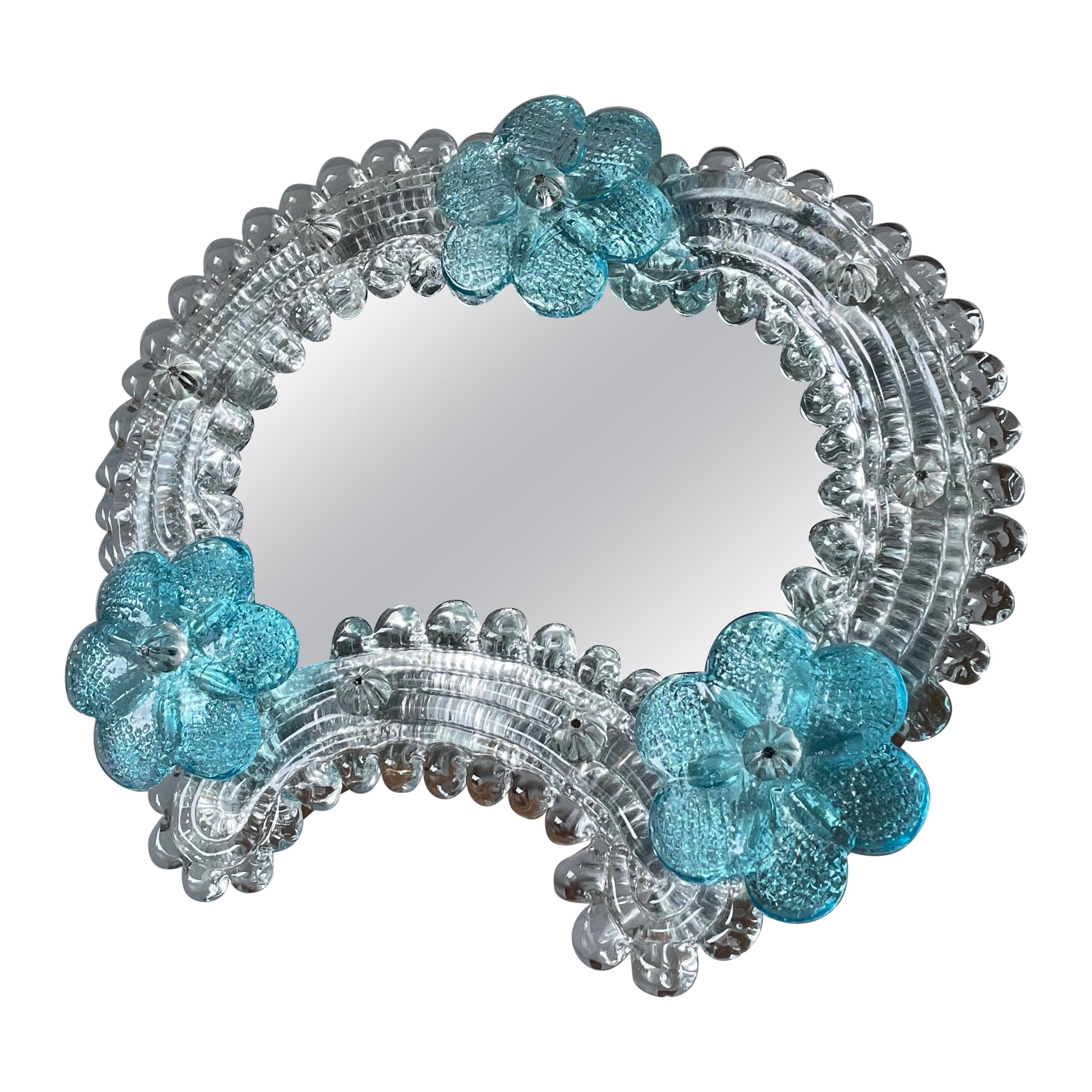 Small blue and white glass table or wall mirror from Murano, 1960s, Italy.