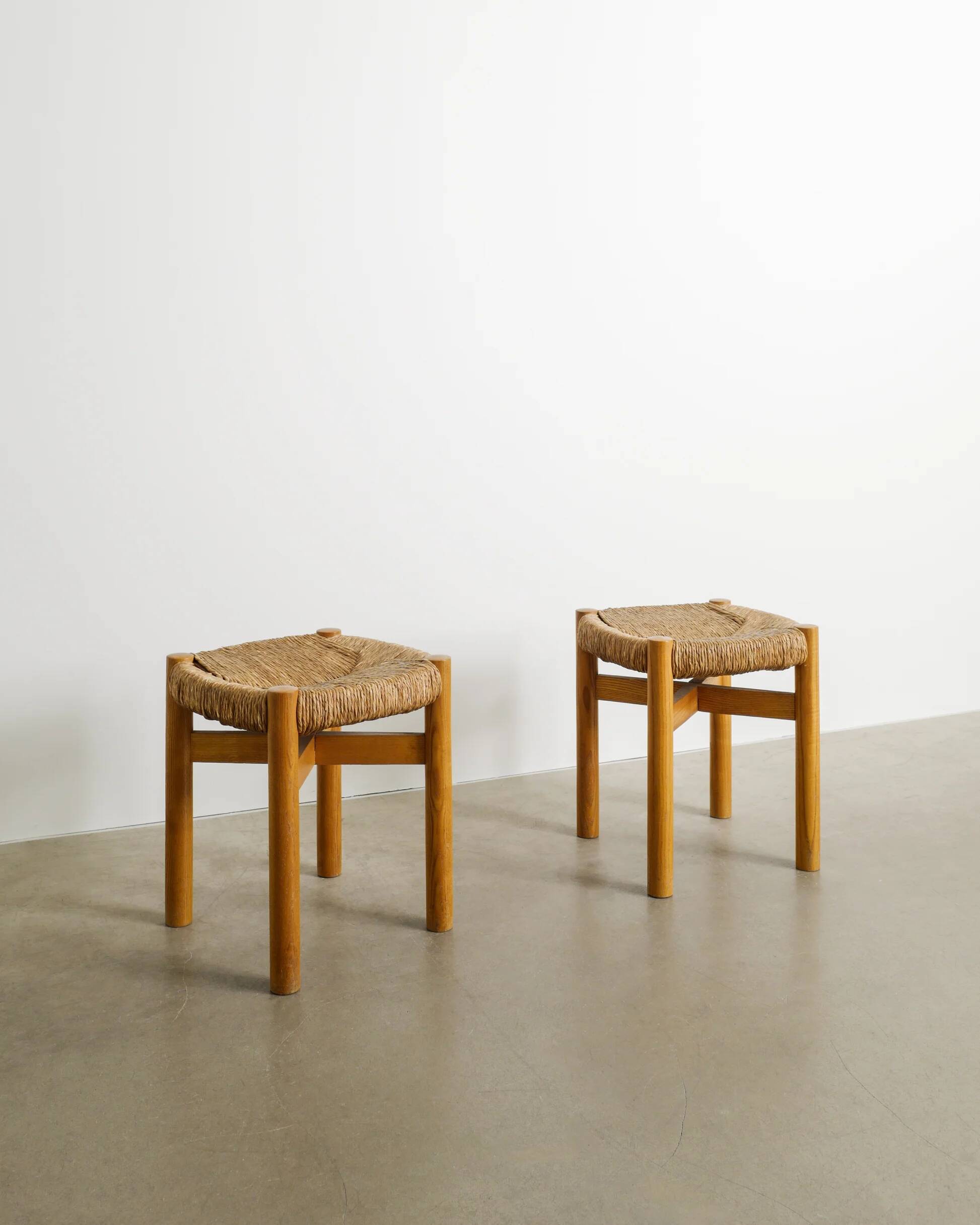 Pair of French Mid Century Wooden Meribel Stools by Charlotte Perriand 1960