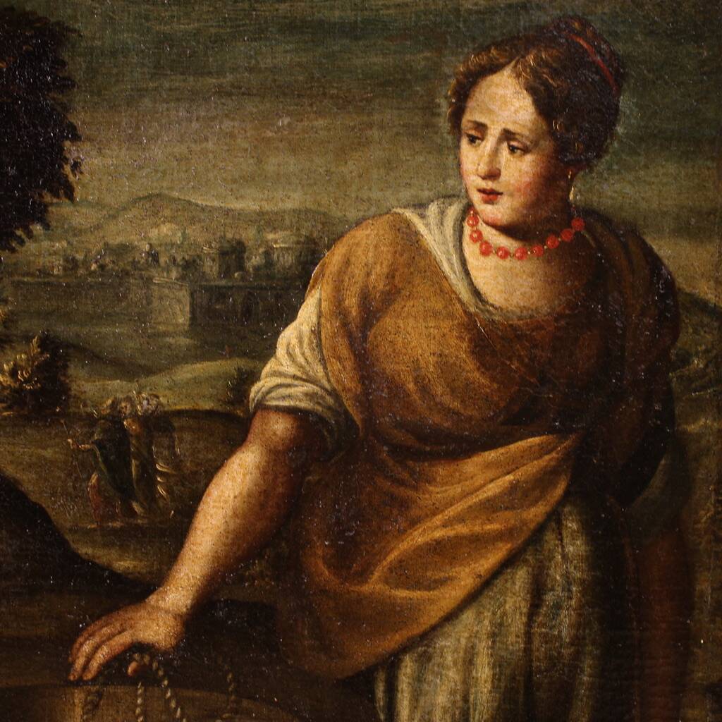 Peinture italienne antique Le Christ et la Samaritaine au puits