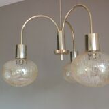 Three-globe brass chandelier in amber/vintage glass 60s-70s