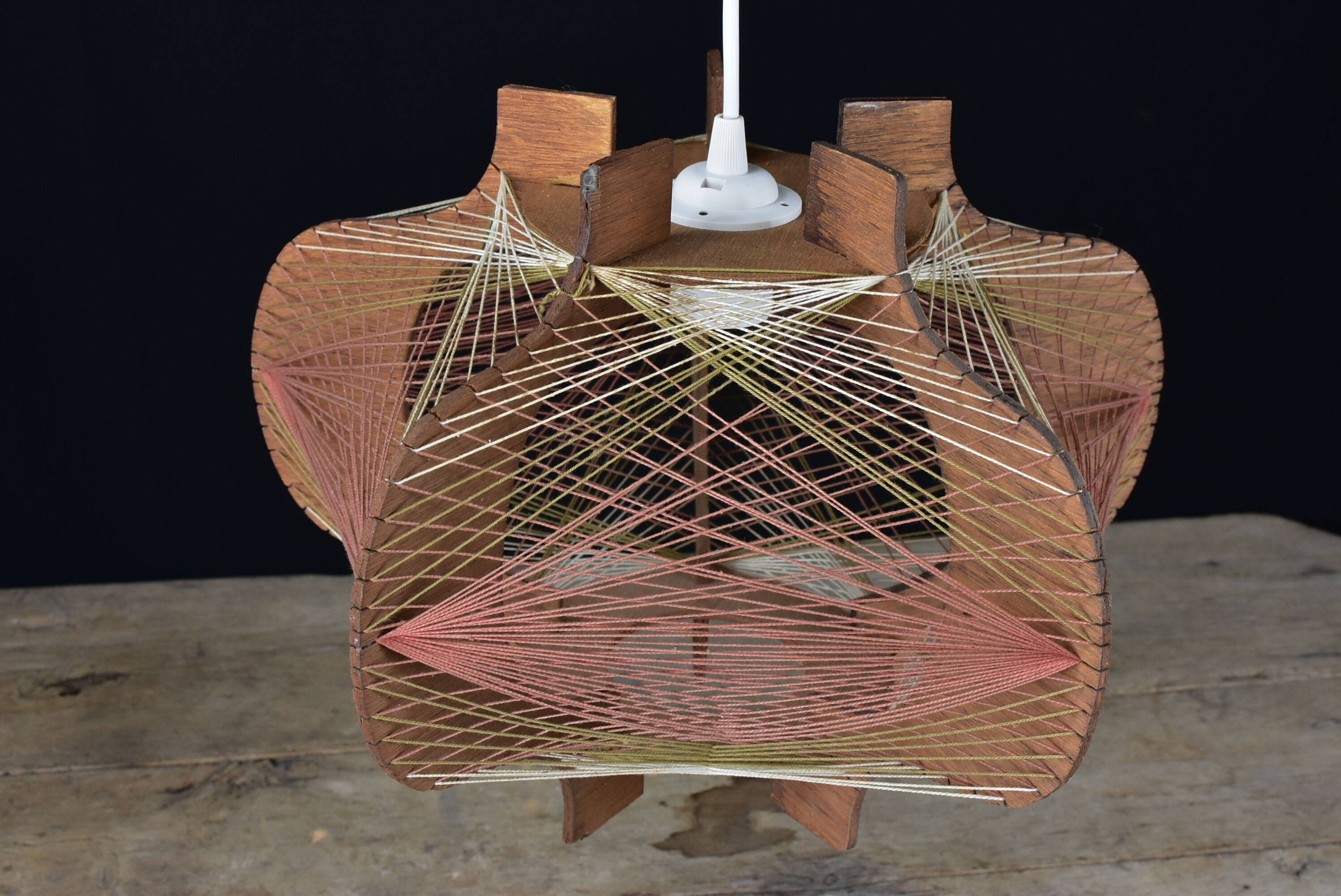 Vintage wood and thread pendant lamp