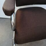 Space age designer armchair with chrome base and brown fabrics vintage 1960