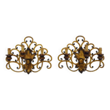 Large pair of Italian wall sconces in gilded wrought iron, 3 lights. 50