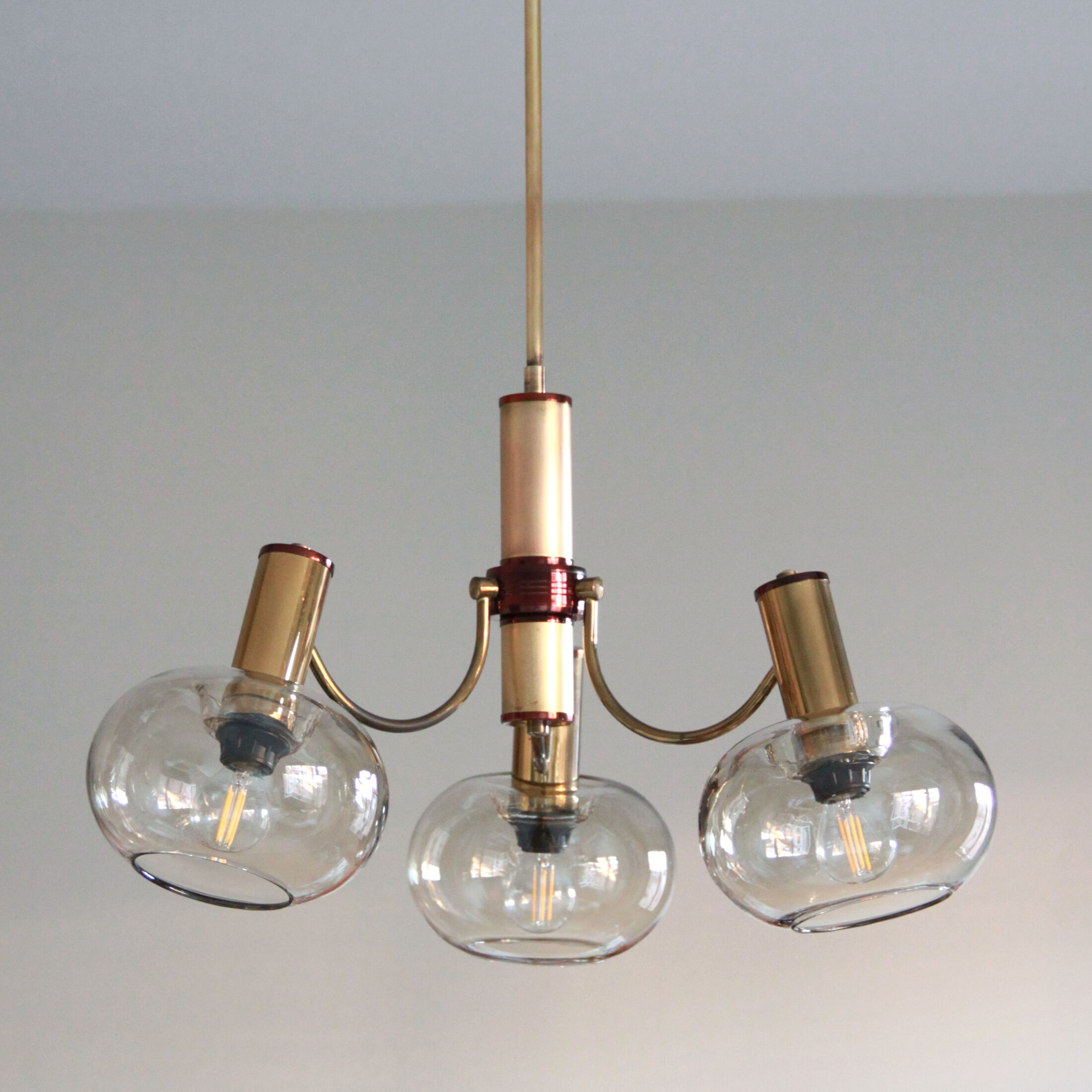 Chandelier 1970 brass gilded globes smoked glass italian