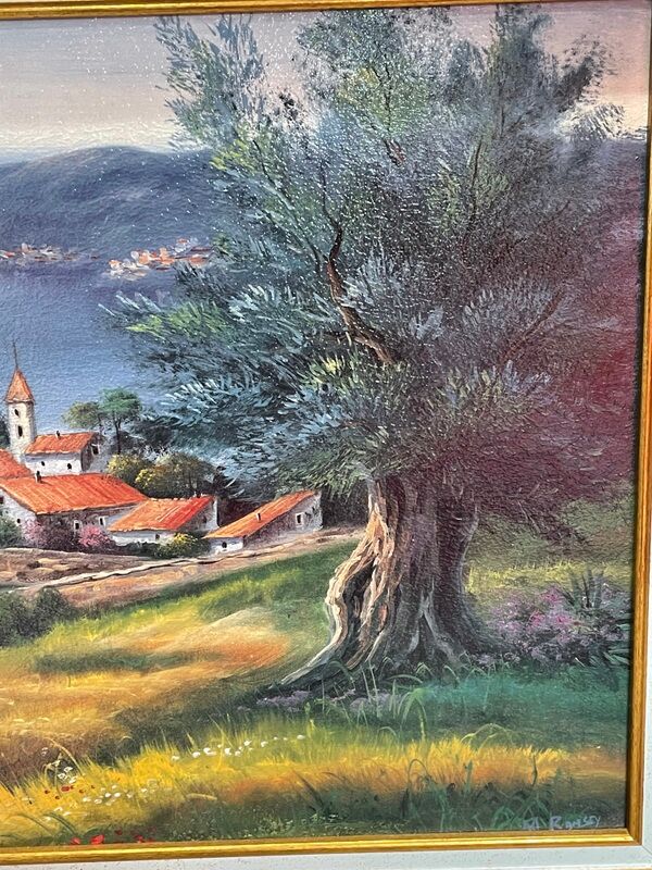 Landscape hamlet sea view - oil or acrylic on canvas , signed Ramsey