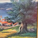 Landscape hamlet sea view - oil or acrylic on canvas , signed Ramsey