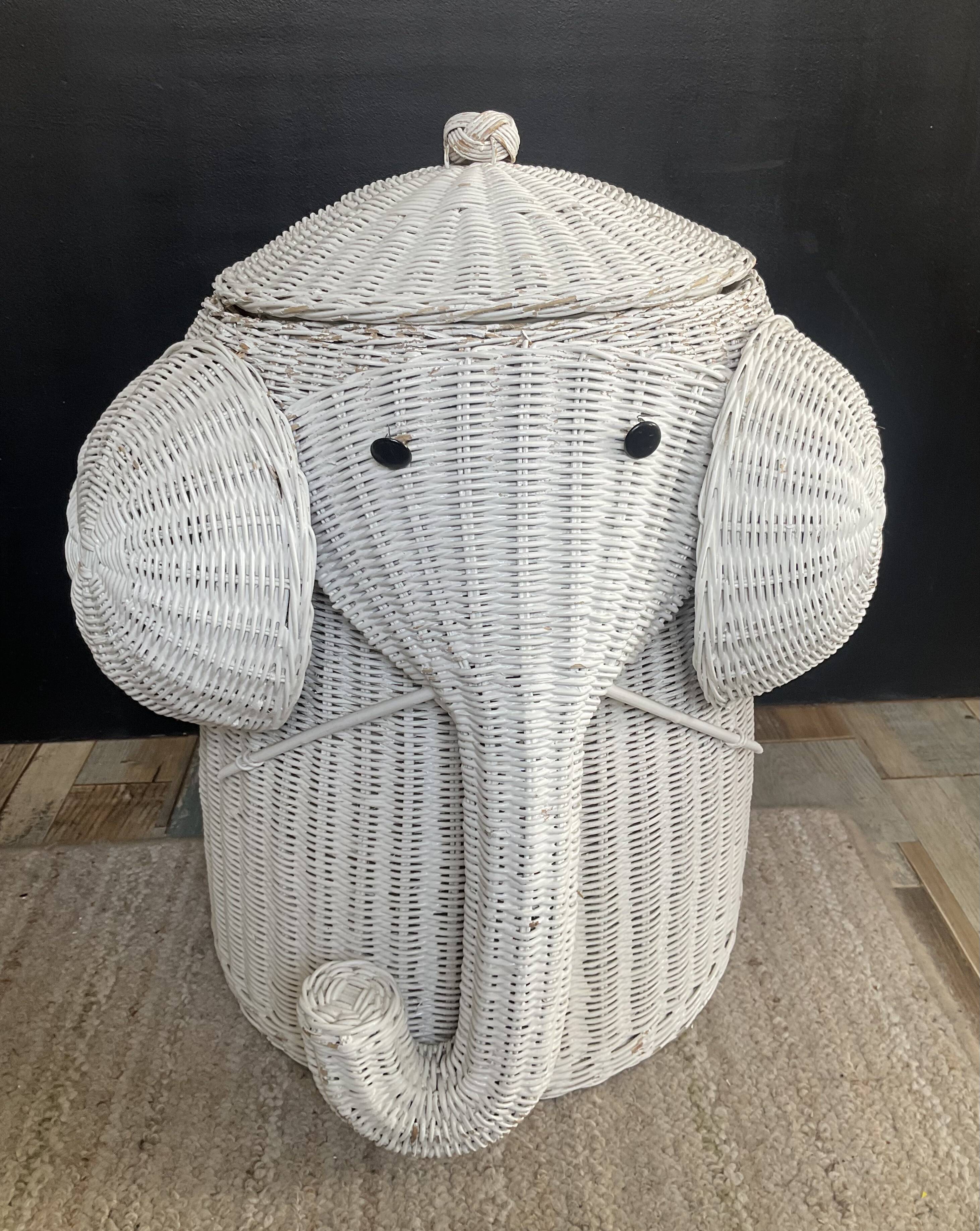 Vintage elephant laundry basket in rattan and wicker