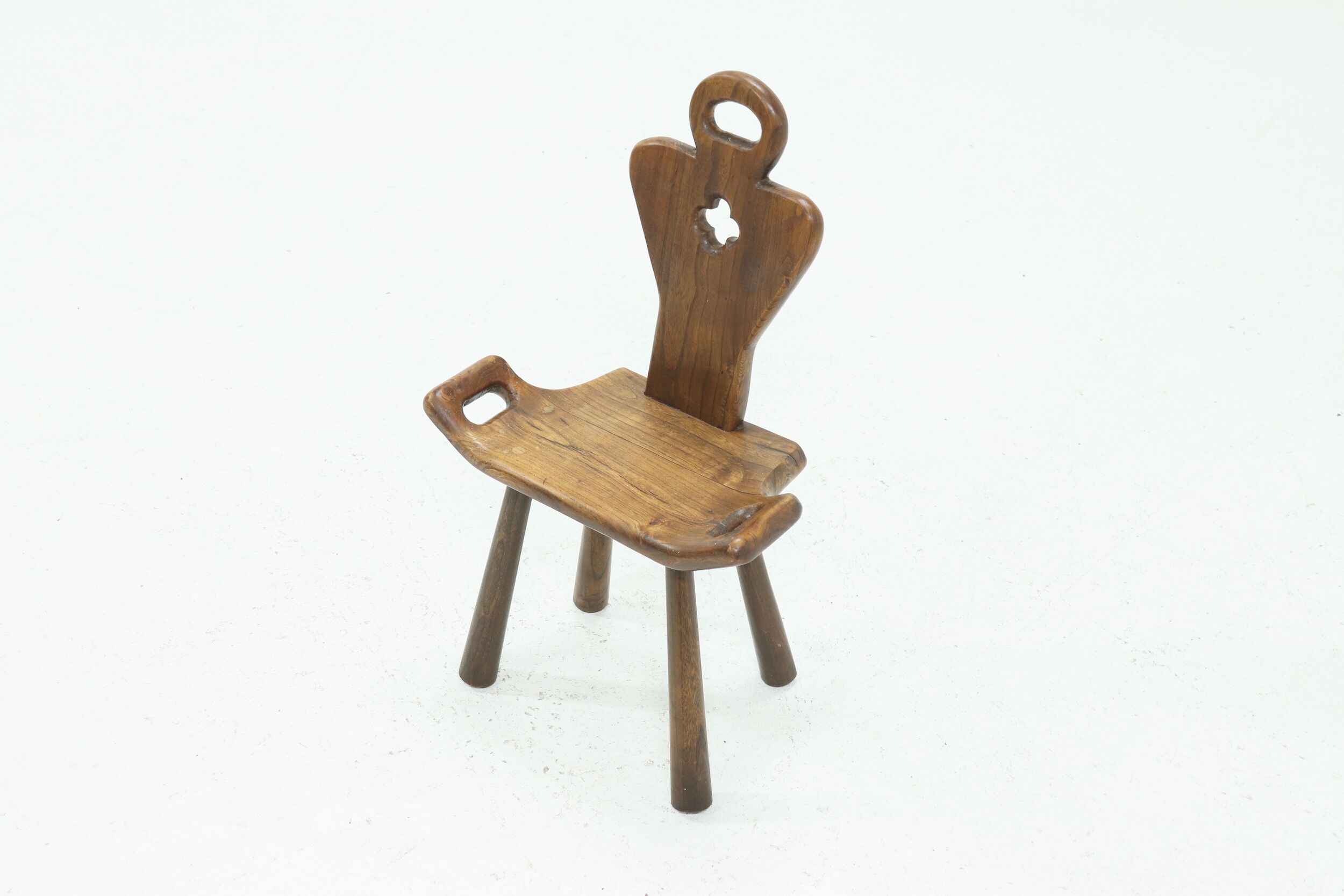 Brutalist Spanish Side Chair Stool in Solid Oak, 1960s