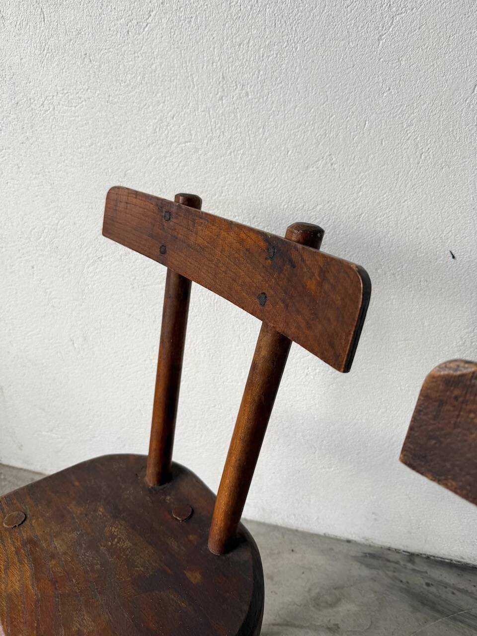 Pair of Savoyard tripod chairs, folk art, oak.