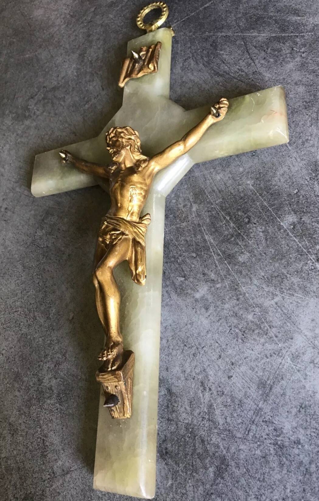 Vintage onyx stone wall crucifix and gold metal christ