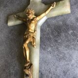 Vintage onyx stone wall crucifix and gold metal christ