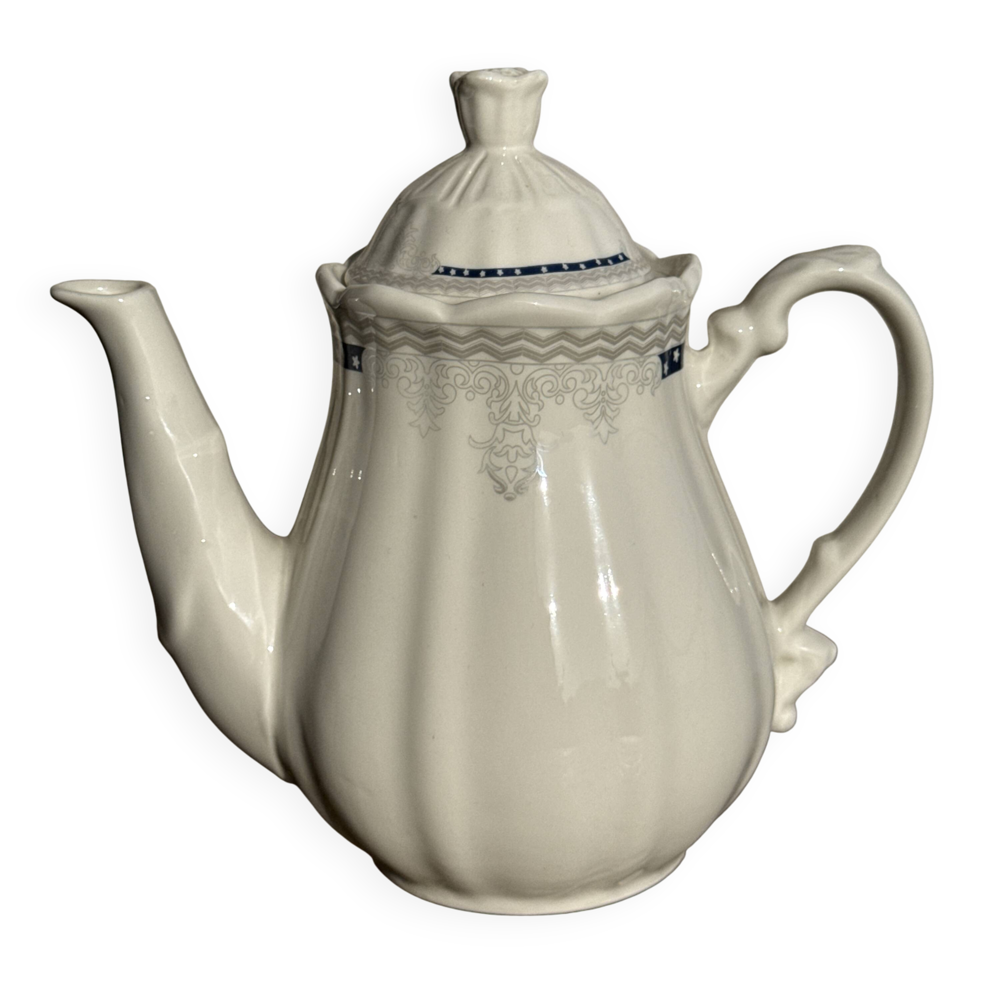 White earthenware teapot with blue and silver trim H22.5